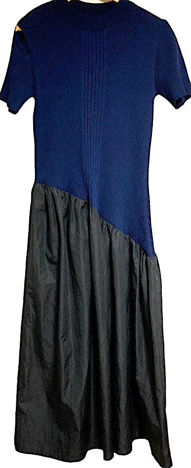 UNITED TOKYO JAPAN. Acetate/Poly Blend Navy, Black Oblique Cut Knit Dress
