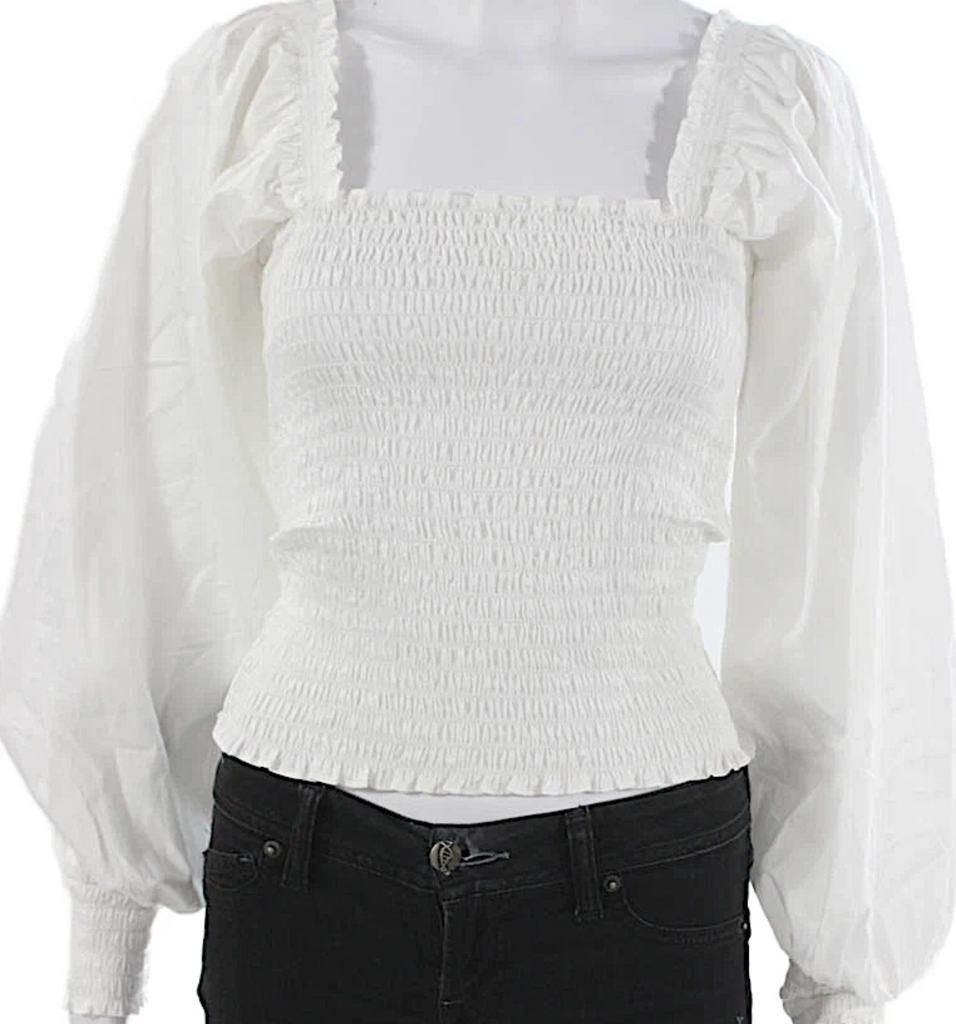 La Ligne NY. White Cotton Square Neck Long Sleeve Blouse
