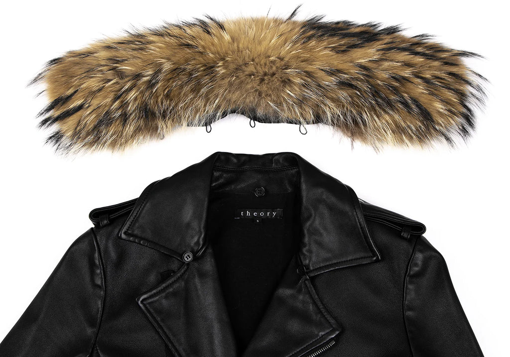 THYSKEN'S THEORY. Raccoon Fur Collar Black LambskinLeather Biker Jacket / Evening Jacket. MANY MORE FURS AND FAUX FURS IN STORE NOW