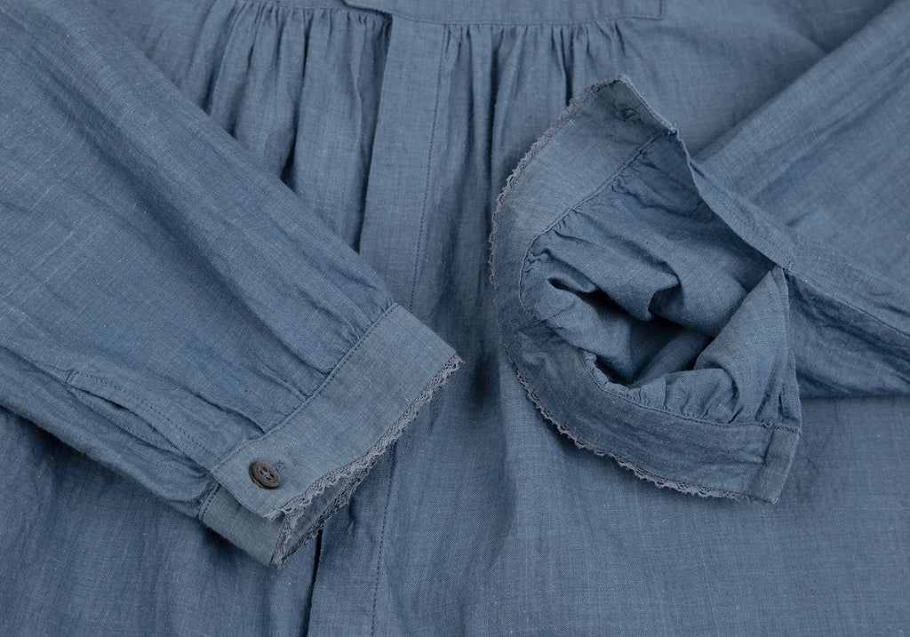 45rpm 45R JAPAN. Indigo Dyed Lace Striped Cotton Long Sleeve Shirt