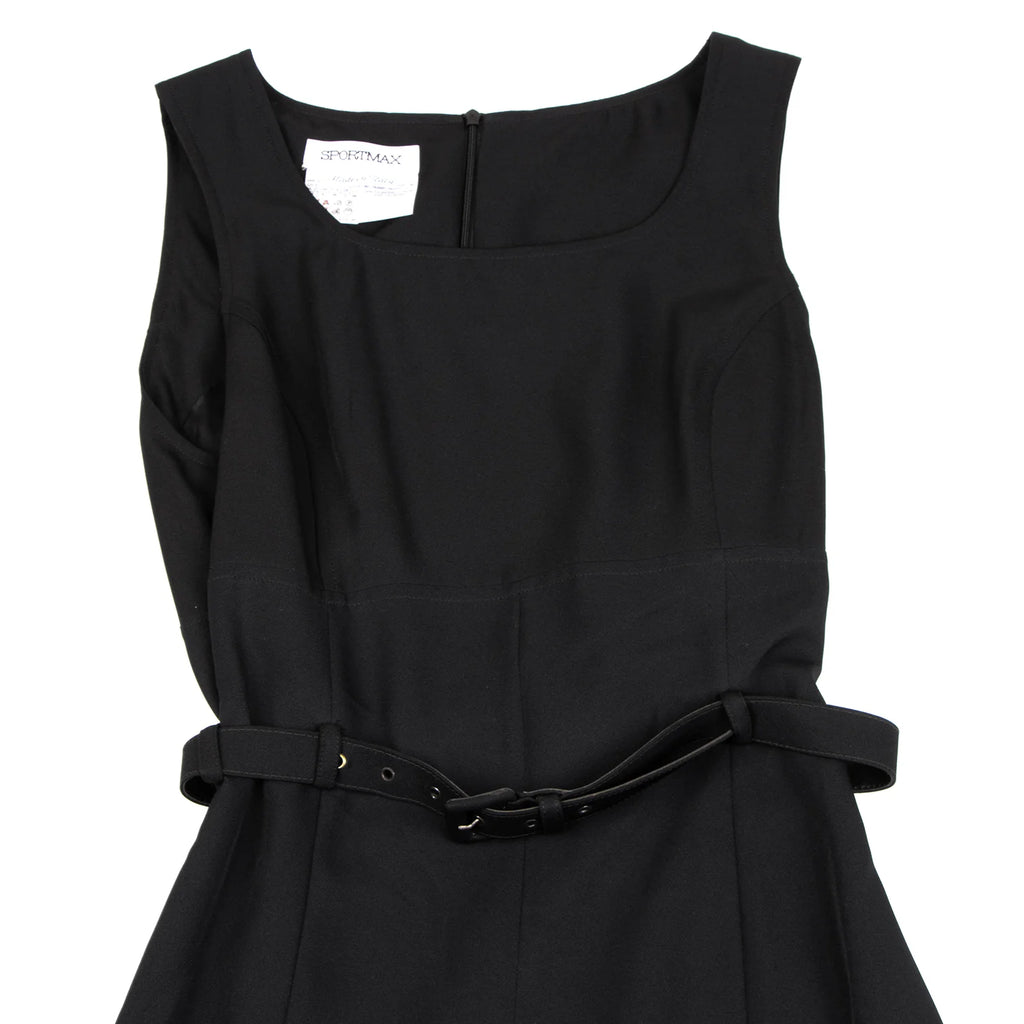 MaxMara Italy. SPORTMAX. Black Belted Poly Sleeveless Dress