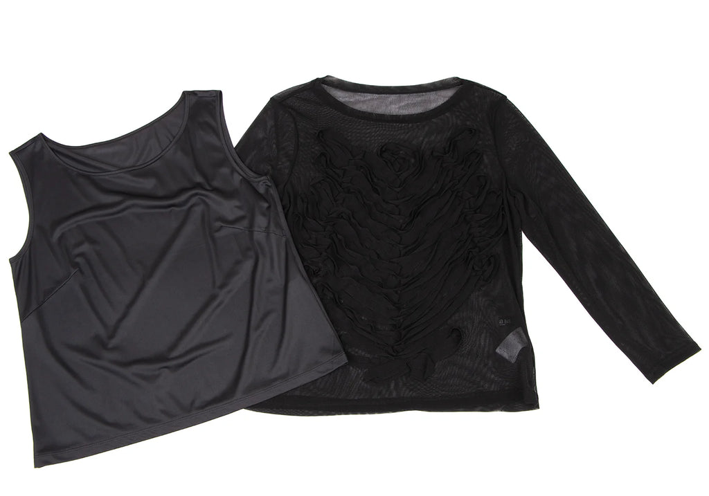 HIROKO KOSHINO HIROKO BIS JAPAN. Black Mesh Front Crepe Design Shirt