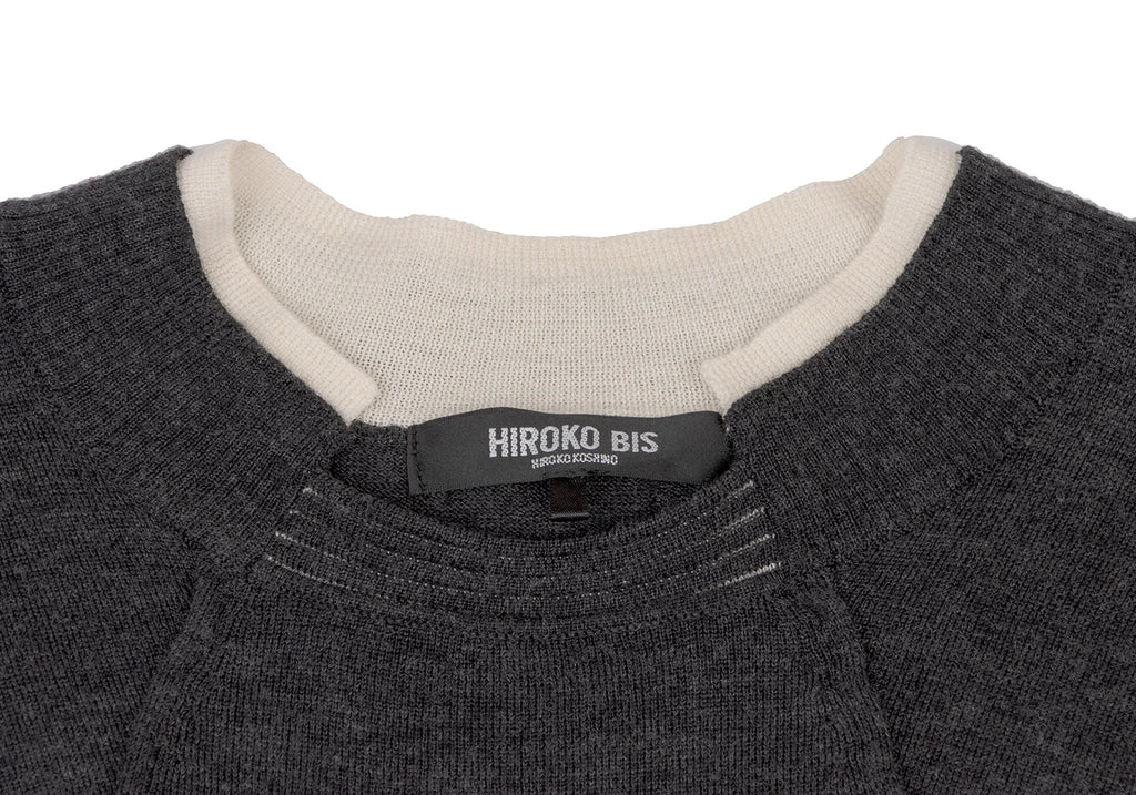 HIROKO KOSHINO HIROKO BIS JAPAN. Charcoal Color Wool Blended Switching Knit Sweater