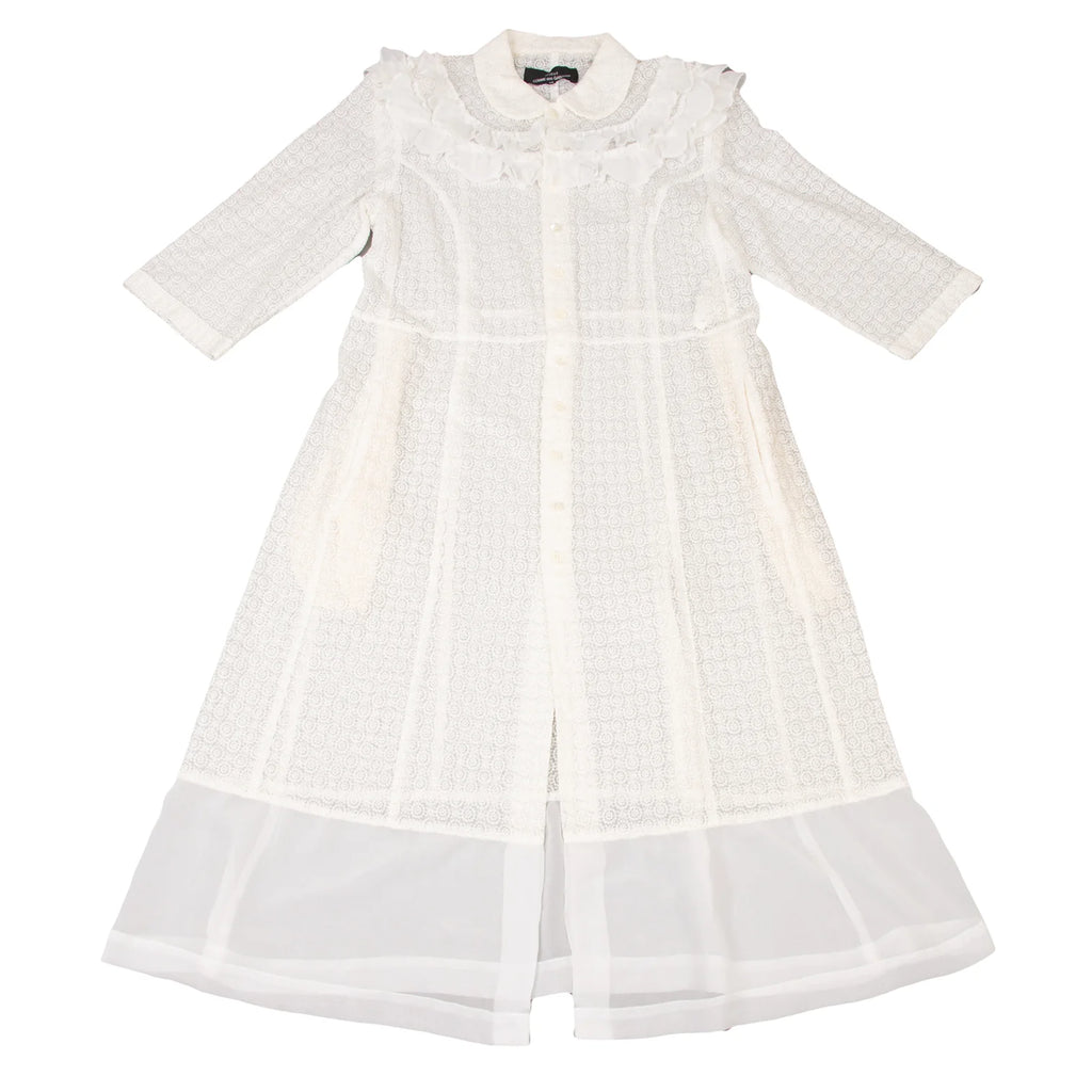 COMME des GARCONS JAPAN. TRICOT. Vintage White Frill Round Collar Sheer Shirt Dress