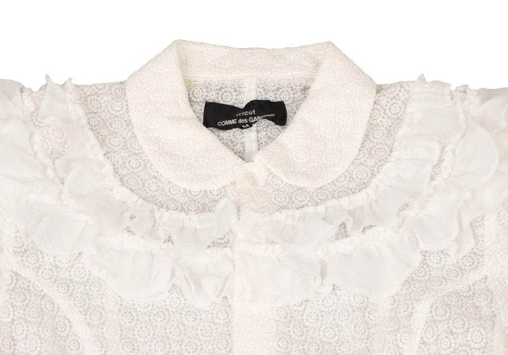 COMME des GARCONS JAPAN. TRICOT. Vintage White Frill Round Collar Sheer Shirt Dress