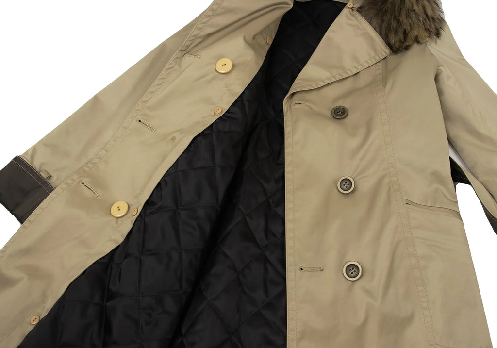 UNITED ARROWS JAPAN. Khaki/Beige Quilt Lining Detachable Faux Fur Trench Coat Beige