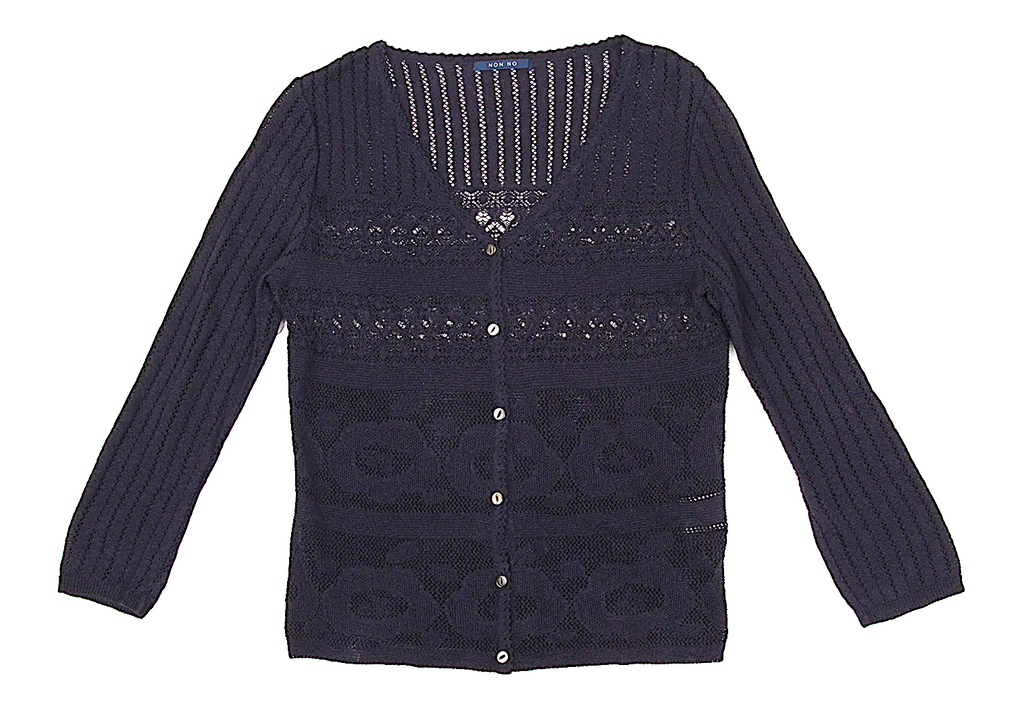 Mademoiselle NON NON JAPAN. Navy Rayon Blend Lace Switching Semi Sheer Cardigan Top