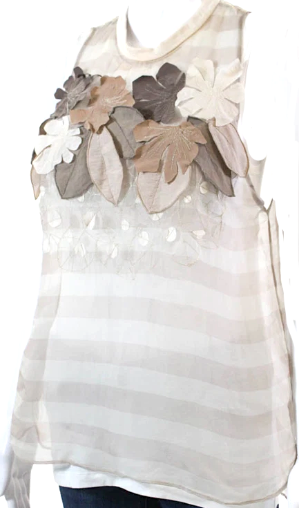 Brunello Cucinelli Italy. BeigeTextured Layered Floral Sleeveless Lined Blouse Top