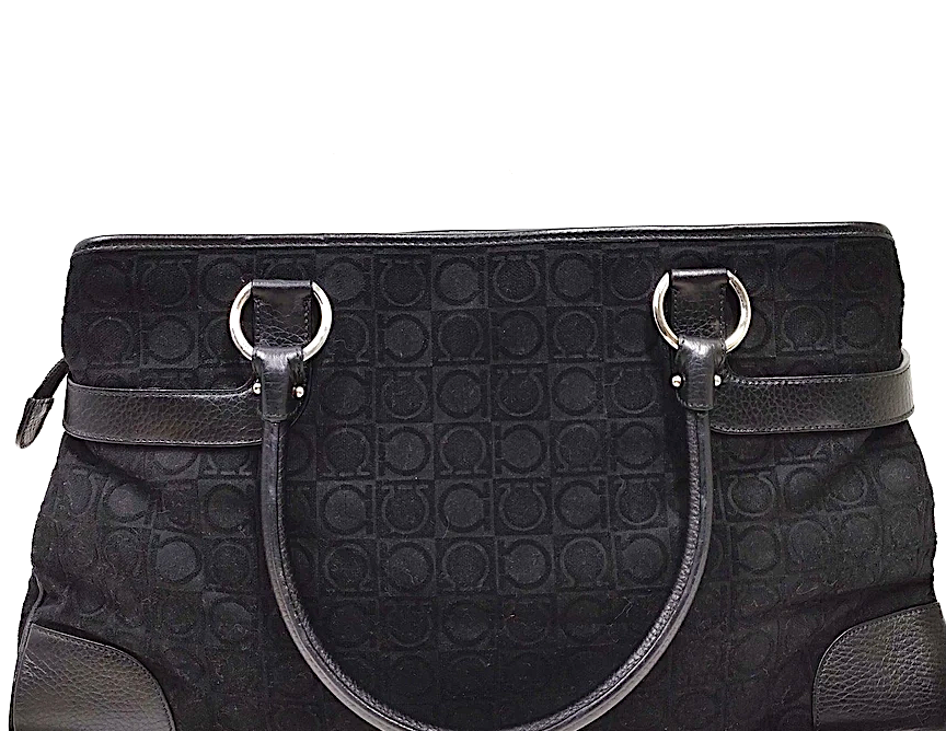Ferragamo Italy. Black Canvas/Leather Shoulder Bag / Hand Bag