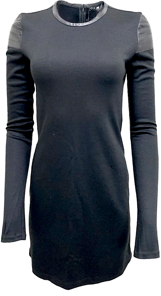 BLK DNM Stockholm/NYC. NEW W/TAG. Black Virgin Wool Blend Long Sleeve Leather Trim Dress