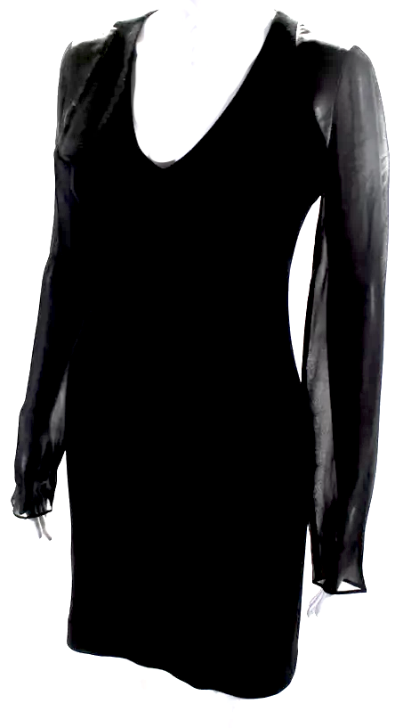 Joseph London Black Wool Blend V Neck Sheer Long Sleeve Leather Accent Pencil Dress