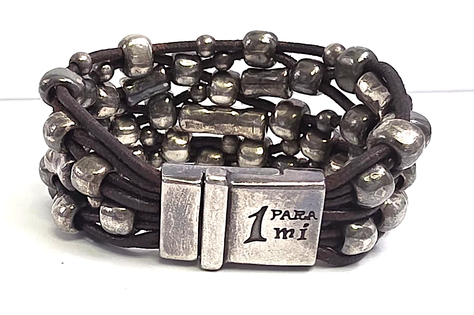 1 Para Mi. MADRID. Handmade Spain. Silver Plated, Pewter, Sterling Chunky Leather Bracelet