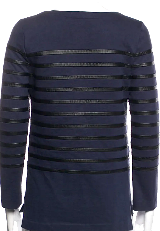 Celine Paris. PHOEBE PHILO. Dark Navy Cotton/Lambskin Striped Crew Neck Top