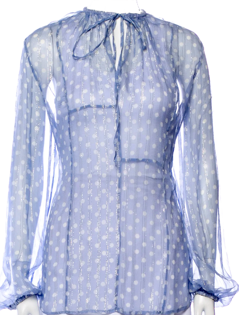 Haider Ackermann Belgium. Blue Polka Dot Print Tie Neck Blouse