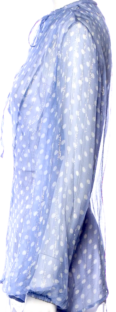 Haider Ackermann Belgium. Blue Polka Dot Print Tie Neck Blouse