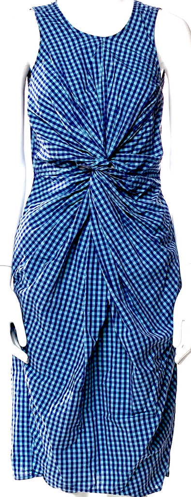 Caron Callahan NYC. Blue Cotton Plaid Print Knee-Length Dress