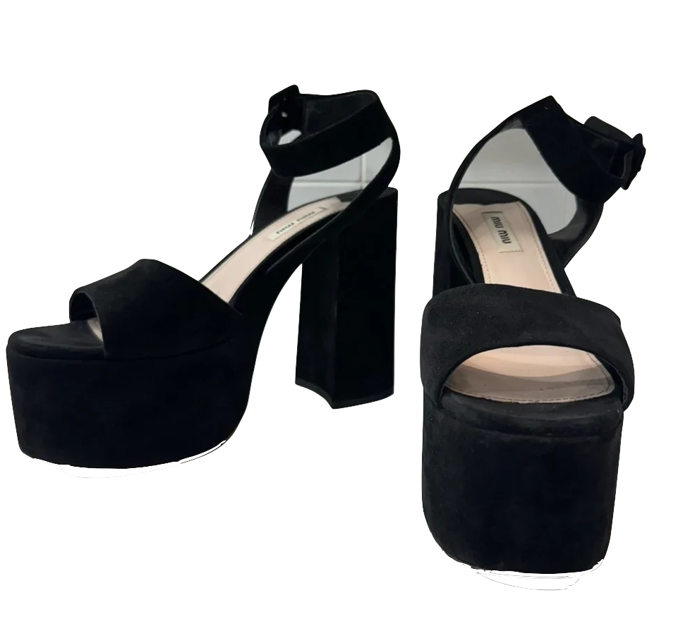 Miu Miu Italy Black Suede Leather Platform Shoes w/Ankle Strap size 40.5 usa 9-9.5