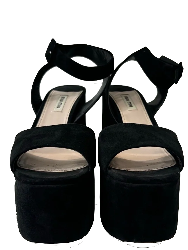 Miu Miu Italy Black Suede Leather Platform Shoes w/Ankle Strap size 40.5 usa 9-9.5