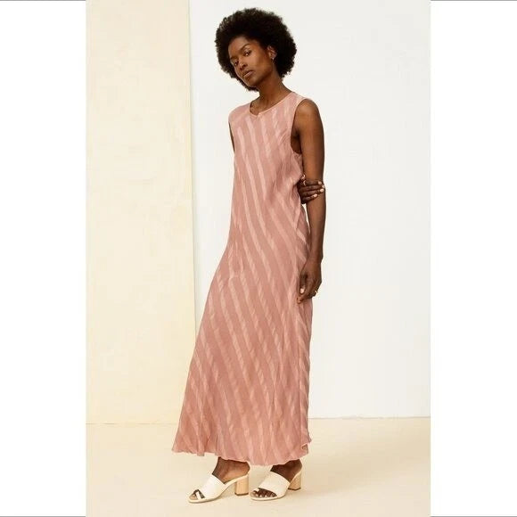 Humanoid Amsterdam.Sleeveless boxy long wide pink stripe silky Sieko maxi dress