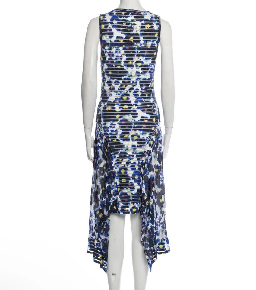 Jean Paul Gaultier Paris. FUZZI . Floral Striped Blue Mesh Asymmetric Hem Midi Dress