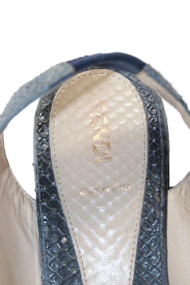 Fendi Italy. Gray Wedge Heel Platform Snake Embossed Slingback Sandals Size 40