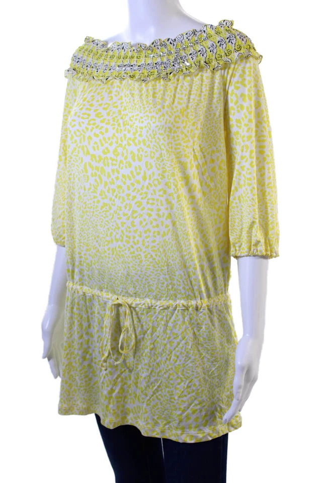 Blumarine Italy Anna Molinari. Off-Shoulder Animal Print Silk Tunic