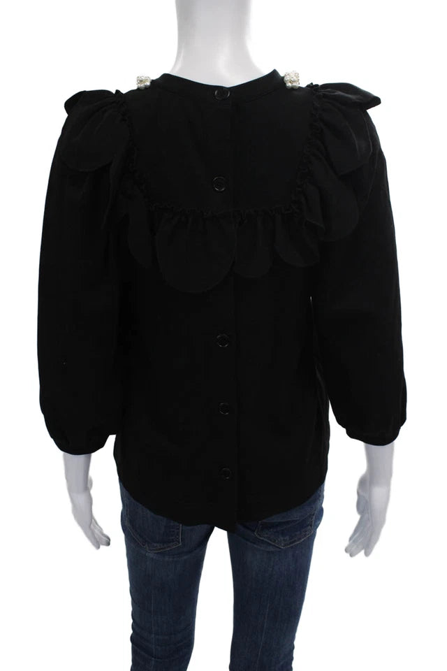 Simone Rocha London. Black Viscose Embellished Collar Round Neck 3/4 Sleeve Button Blouse