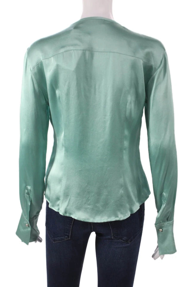 Max Mara Italy. Green Silk Round Neck Button Long Sleeve Basic Blouse