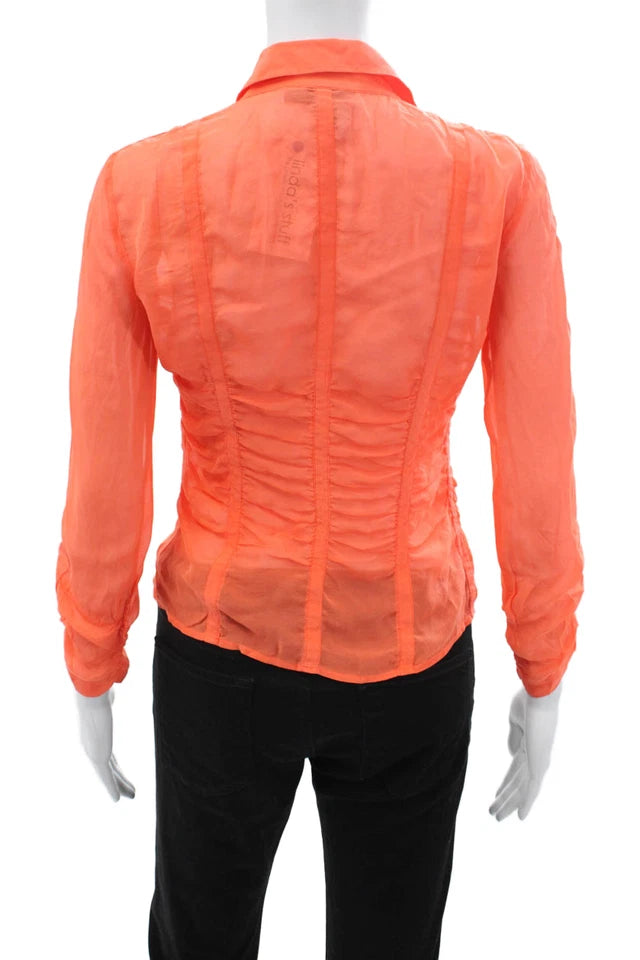 DKNY New York. Silk Orange Button-Up Blouse Collared Long Sleeve Top
