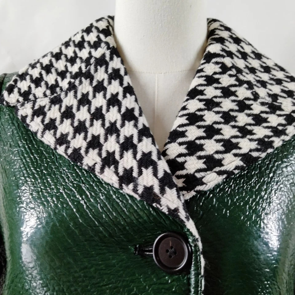 Marni Italy. Green Distressed Nylon/Houndstooth Pattern Collar Coat