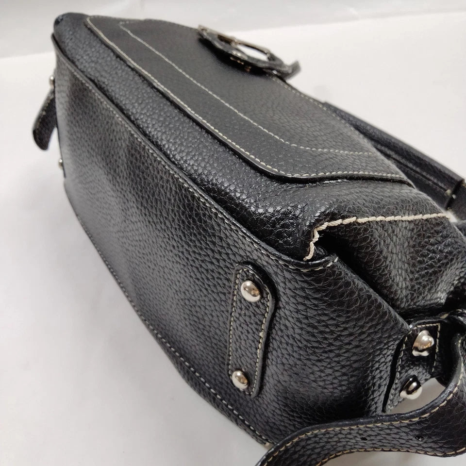 FERRAGAMO ITALY. Black Pebbled Leather Long Strap Shoulder Bag