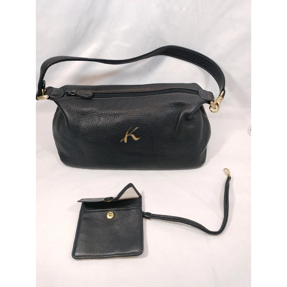 Kitamura Yokohama JAPAN. Black Pebbled Leather Shoulder Bag with Pouch Gold Logo K