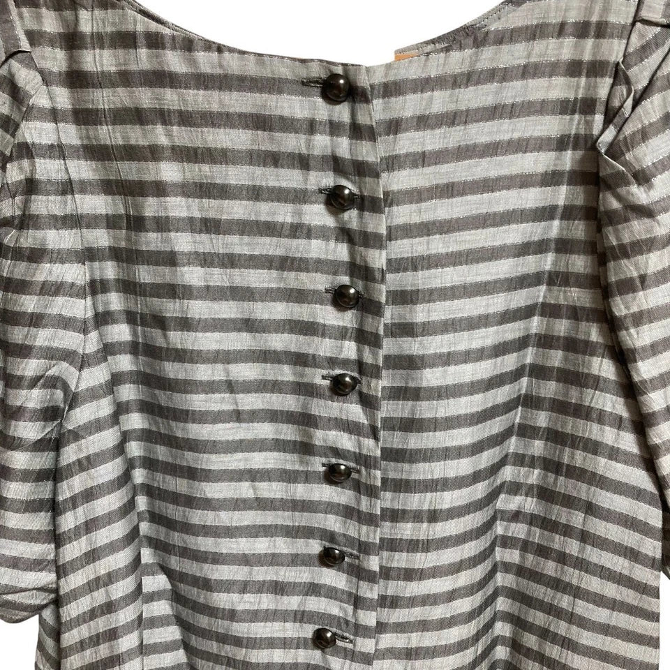 ADORE JAPAN. Grey Puff Sleeve Striped Linen Dress