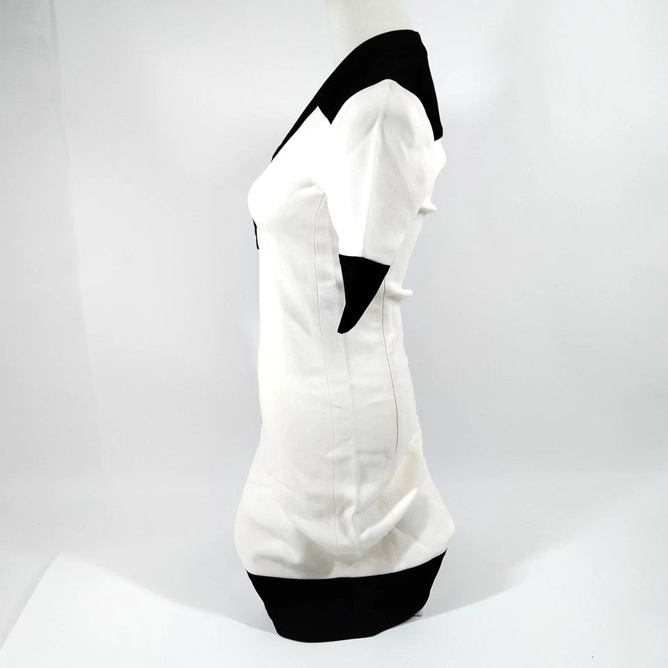 Balenciaga Paris. Black/White Rayon Polyurethane Acetate Dress Button Accents