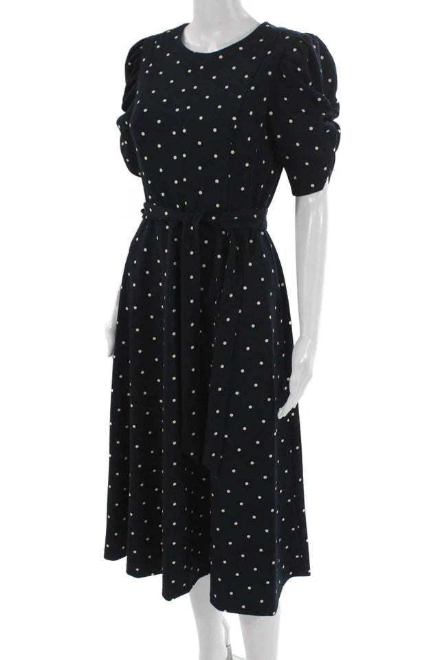 DONNA KARAN DKNY Black Polka Dot Knee Length Round Neck Fit & Flare Dress