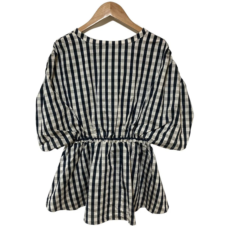 troisiemechaco Japan. Navy Check Rayon/Tencel Blend Gathered Blouse