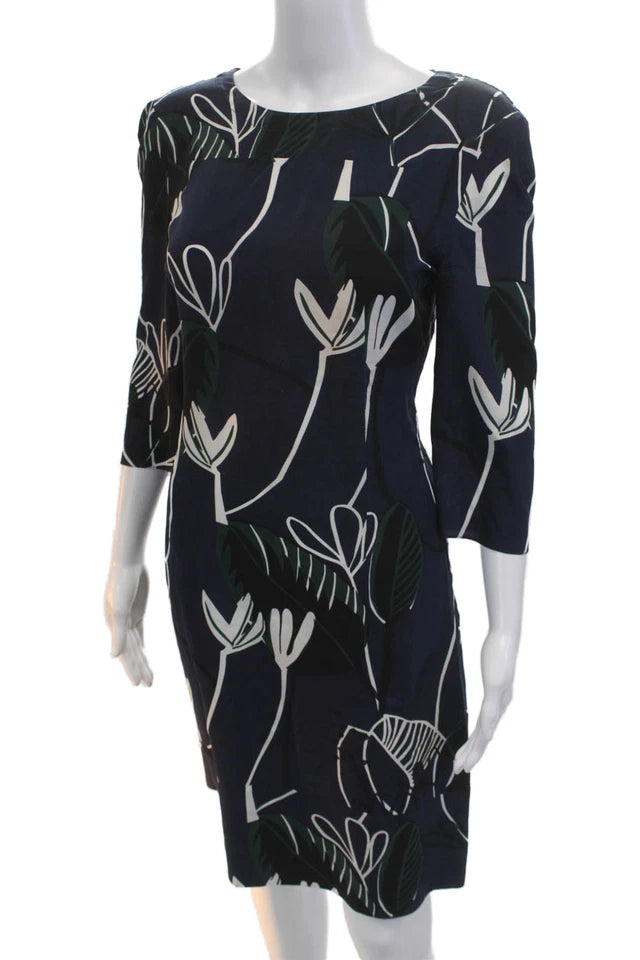 Marni Italy. Dark Blue Silk Floral Shift Dress, 3/4 Sleeve Knee