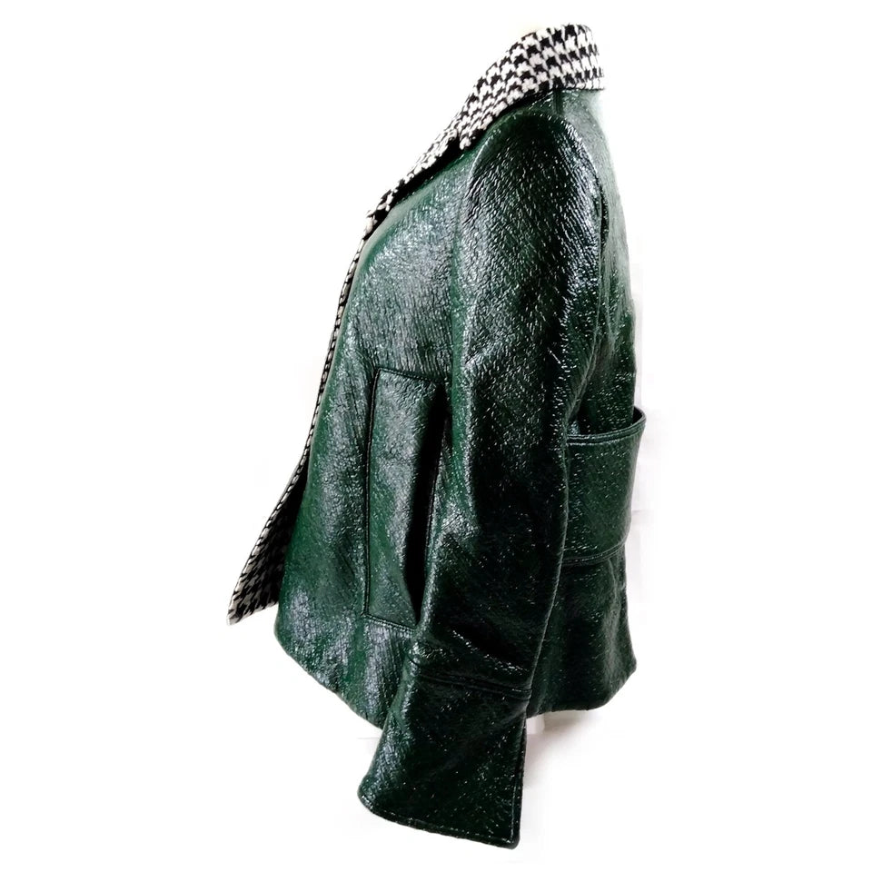 Marni Italy. Green Distressed Nylon/Houndstooth Pattern Collar Coat