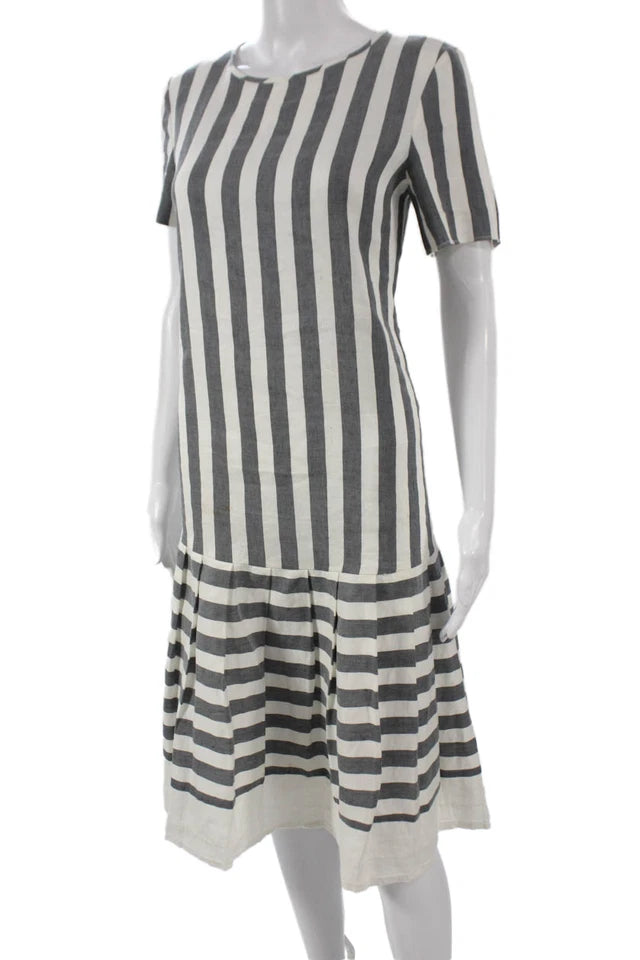 Max Mara Italy. Gray Striped Linen Short Sleeve Midi Shift Dress