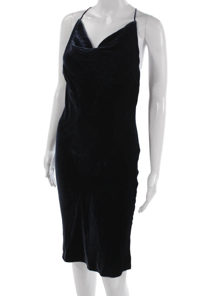 Joseph London. Blue Velour Cowl Neck Sleeveless Rayon/Silk Slip Dress