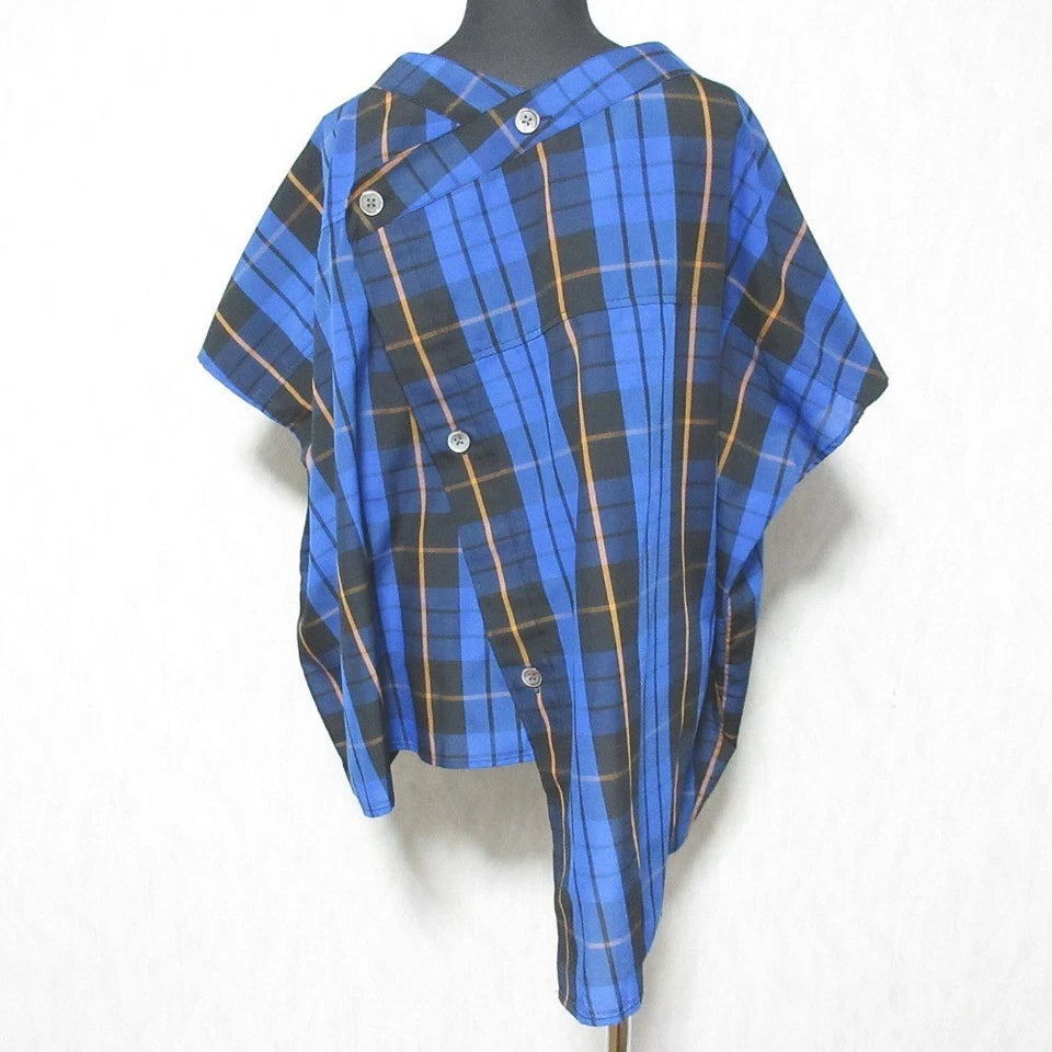 ISSEY MIYAKE JAPAN. ZUCCA Blue Black Check Pattern Asymmetrical Semi Sheer Shirt