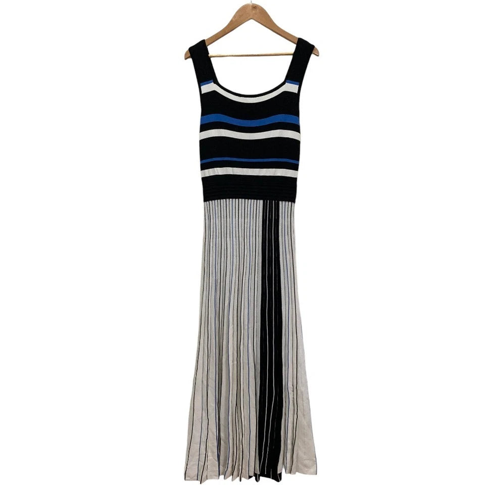Diagram Grace Continental Japan. White/Black/Blue Striped Pleated Knit Dress