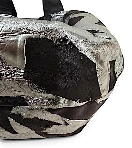 KAWA-KAWA JAPAN. NWOT. Black Lambskin Leather, Metallic Silver Painted Abstract Graffiti Shoulder Bag