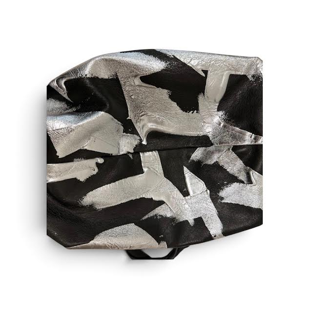 KAWA-KAWA JAPAN. NWOT. Black Lambskin Leather, Metallic Silver Painted Abstract Graffiti Shoulder Bag
