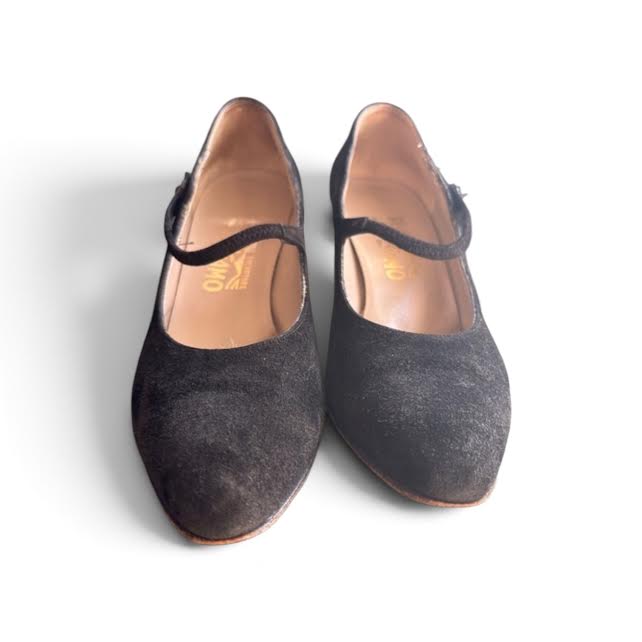 Ferragamo ITALY.  Classic Black Suede Mary Jane Heels