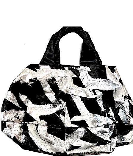 KAWA-KAWA JAPAN. NWOT. Black Lambskin Leather, Metallic Silver Painted Abstract Graffiti Shoulder Bag