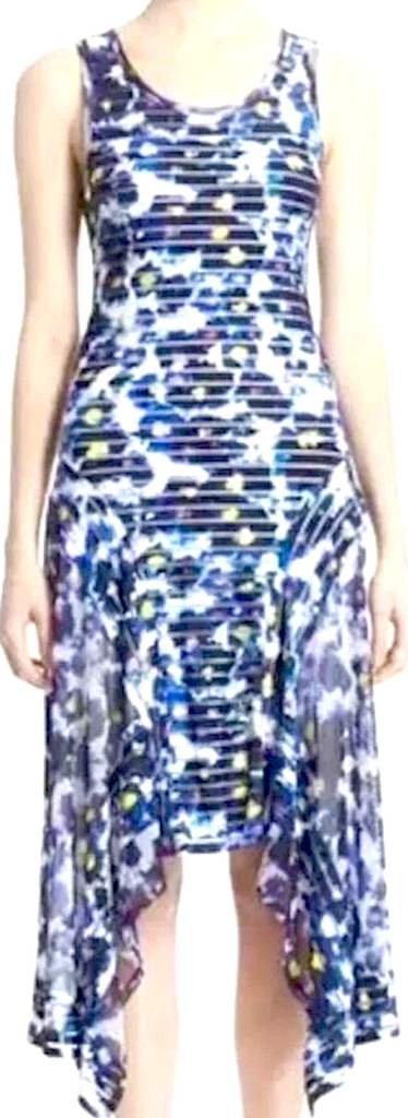 Jean Paul Gaultier Paris. FUZZI . Floral Striped Blue Mesh Asymmetric Hem Midi Dress