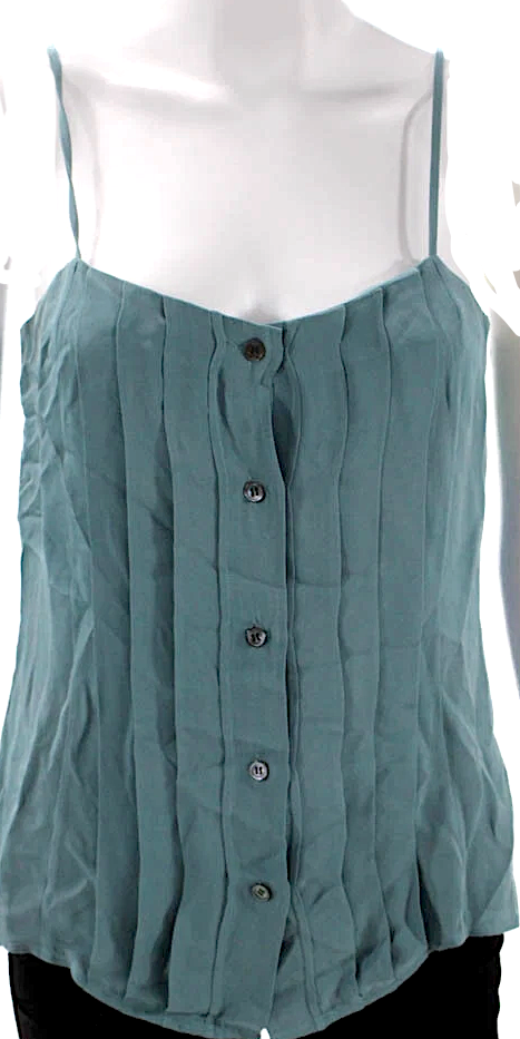 Nili Lotan NY. Teal Blue Pleated Detail Silk Spaghetti Strap Button Down Blouse