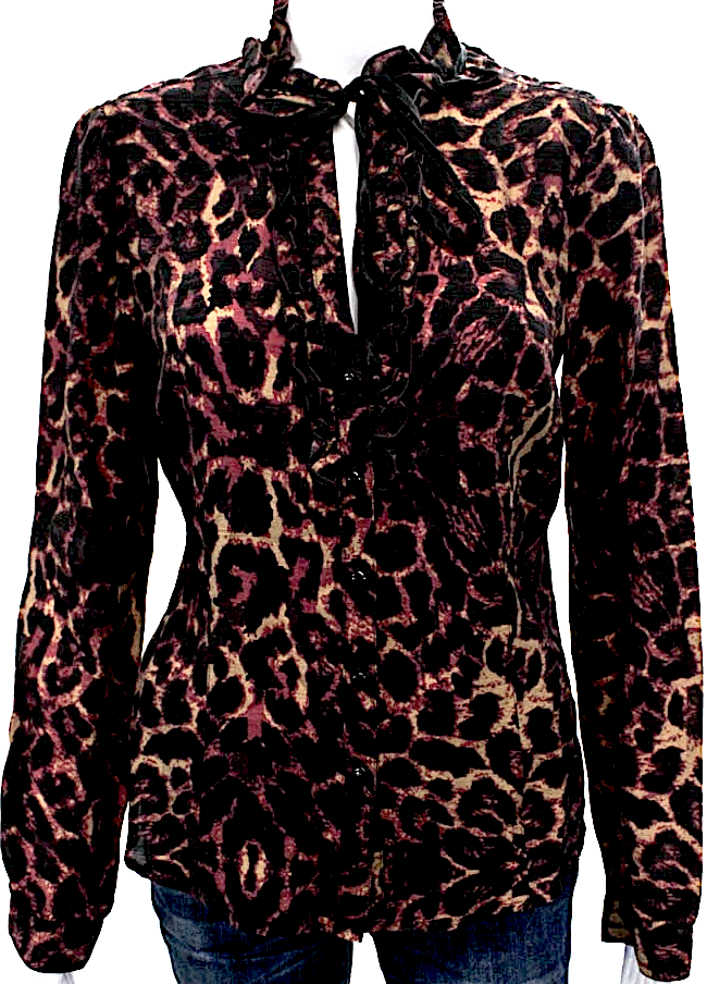 DONNA KARAN DKNY Jeans NY. Multi-Color  Animal Print Collared Long Sleeve Blouse