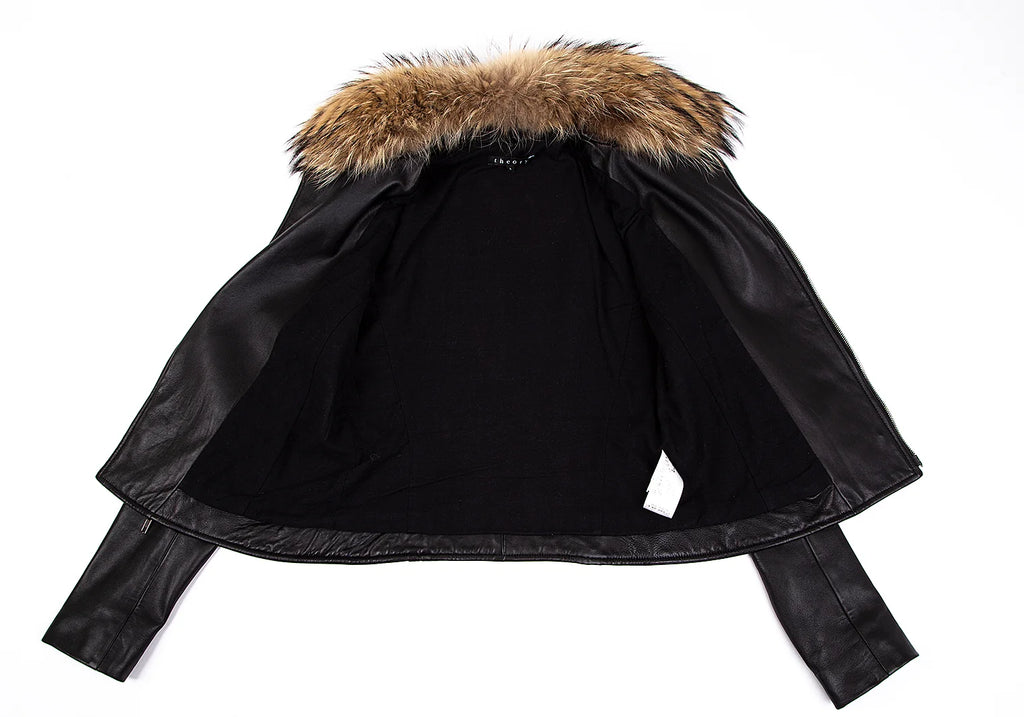 THYSKEN'S THEORY. Raccoon Fur Collar Black LambskinLeather Biker Jacket / Evening Jacket.   MANY MORE FURS AND FAUX FURS IN STORE NOW